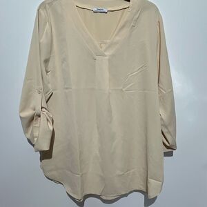 Youtalia Women's Cream V-Neck Roll‎ Up 3/4 Sleeve Pleated Blouse Size XL